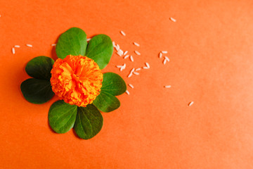 Happy Dussehra greeting card , green leaf and rice