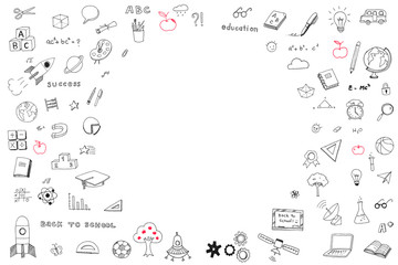 Children&rsquo;s childhood creative idea and school education success concept with student&rsquo;s hand drawing doodle on white wall background with blank copyspace