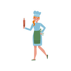 Baker with wooden rolling pin in hand. Young girl in uniform with apron and chef s hat. Bakery worker. Flat vector design