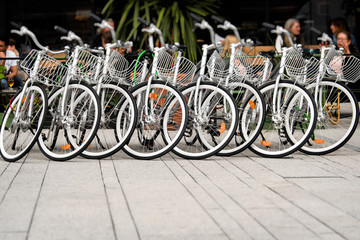Obraz premium parked Stockholms city bicycles, modern clean urban transport. Sweden 