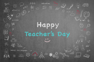 Happy teacher's day greeting on black chalkboard with doodle