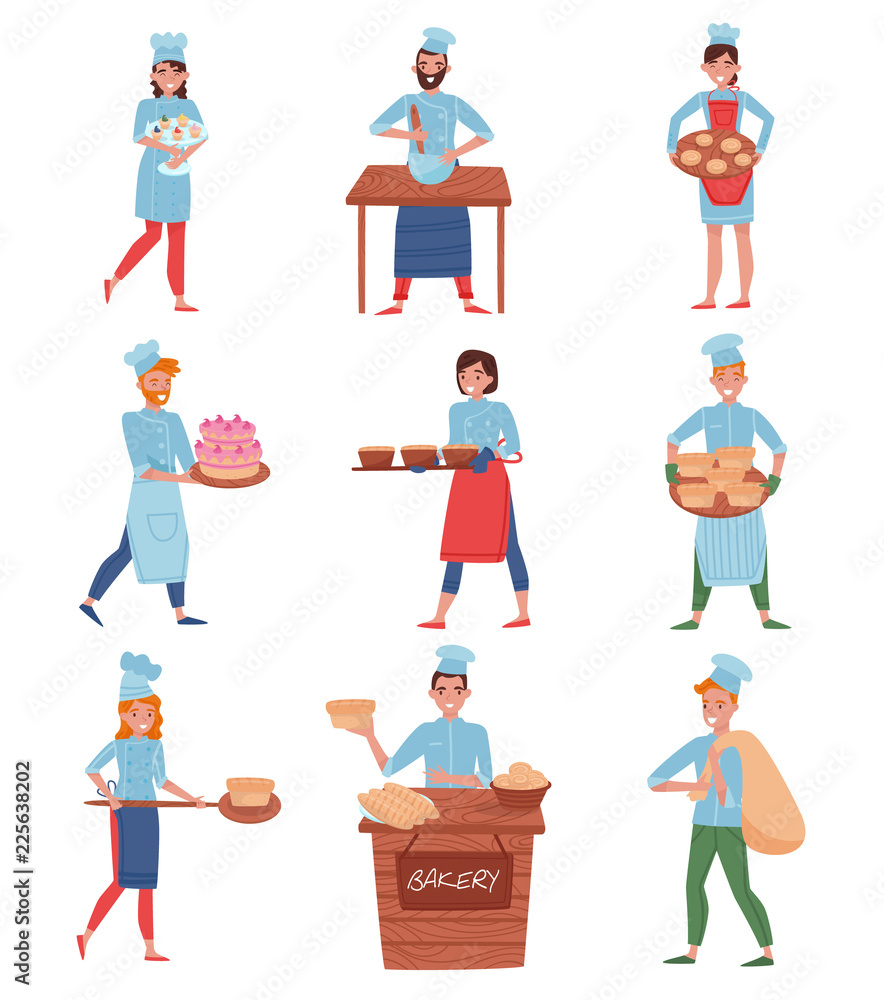 Poster flat vector set of professional chefs or bakers in different actions. cartoon people characters in c