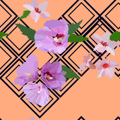 Floral seamless pattern with hibiscus flowers and leaves. Botanical illustration  hand painted. Textile print, fabric swatch, wrapping paper.