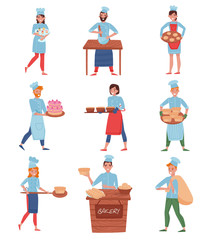 Flat vector set of professional chefs or bakers in different actions. Cartoon people characters in chef s uniform