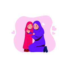 Happy Mother Hug Her Daughter Arabian Family Flat Vector Cartoon