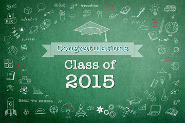 Graduation congratulations class of 2015 greeting announcement for educational congrats card with student’s doodle hat on school green teacher’s chalkboard background