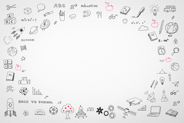 Children’s childhood creative idea and school education success concept with student’s hand drawing doodle on white wall background with blank copyspace