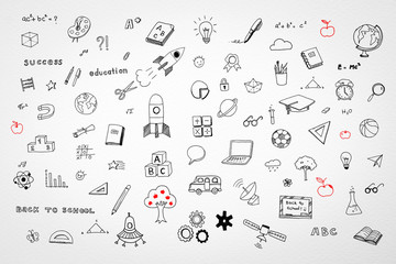 Stem education, children’s childhood creative idea and school education success concept with student’s hand drawing doodle on white background