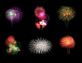 Colorful six fireworks explosion on black background