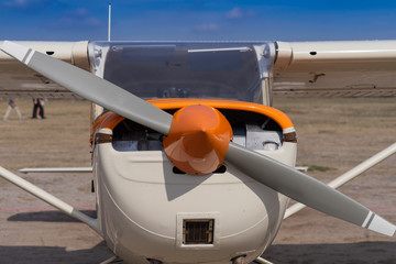 Front view of a single engine propeller aircraft