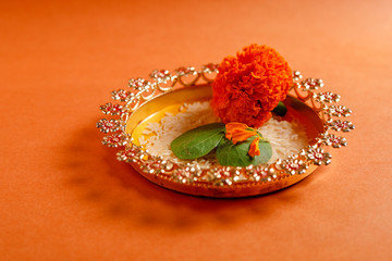 Happy Dussehra greeting card , green leaf and rice