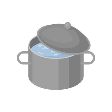 Isometric vector icon of gray metal pan with boiling water. Iron cooking pot with lid. Kitchenware theme
