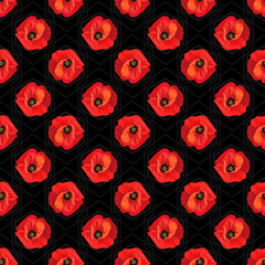 Red poppies on a geometrical black background. Floral seamless