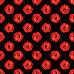 Abwaschbare Tapeten Mohnblumen Rote Mohnblumen auf einem geometrischen schwarzen Hintergrund. Blumennahtlos