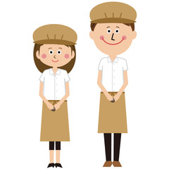 ポップなカフェ店員またはパン屋の男女ペア　お出迎え