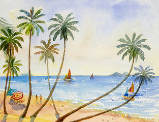 Obraz na płótnie Canvas Painting watercolor seascape of family vacation.