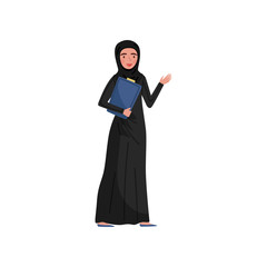 Friendly Muslim business woman with folder in hand. Young girl wearing long black dress and hijab. Flat vector design