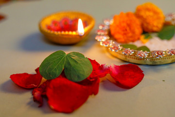 Happy Dussehra greeting card , green leaf and rice