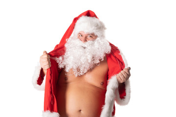 Funny fat man with big belly in Santa costume.