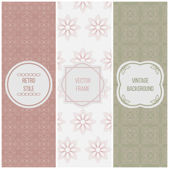 Vector illustration of seamless patterns and frames with copy space for text in retro style.  Set of templates packaging design for cosmetics, beauty products, organic and healthy food. Vintage style.