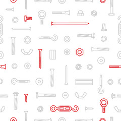 Pattern background construction hardware, screws, bolts, nuts and rivets. Equipment stainless, fasteners, metal fixation gear on seamless pattern.