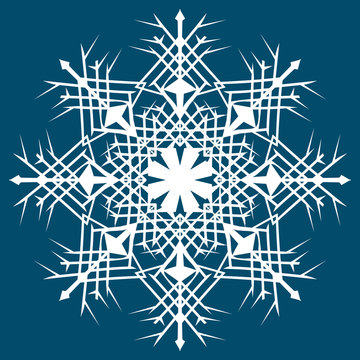 The eight-pointed white round snowflake for decorating the New Year and Christmas holidays is beautiful on a dark blue background.