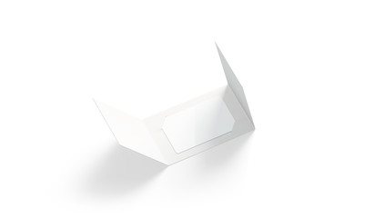 Blank white plastic card mockup inside opened paper booklet holder, isolated, 3d rendering. Empty packaging brochure with certificate mock up, side view. Clear loyal namecard tuck in envelope template