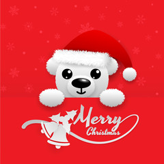 white Snow bear on red background,bell, snow flake,red hat,and text merry christmas