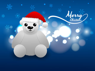 Snow bear on blue background, snow flake,red hat,and text merry christmas