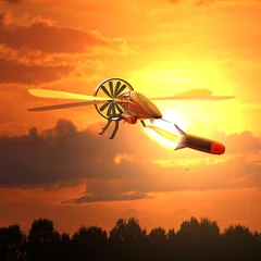 Fototapeten Drone vuurt raket af - moderne oorlogsvoering met onbemand op afstand bestuurbare raketwerper © emieldelange