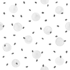 Watercolor texture. Aquarelle spots hand drawn with dry brush. Seamless pattern. Watercolor pattern with grey spots and black dots isolated on white background.