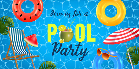 Pool party invitation vector illustration. Top view of swimming pool with pool floats.