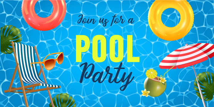 Pool party invitation vector illustration. Top view of swimming pool with pool floats.