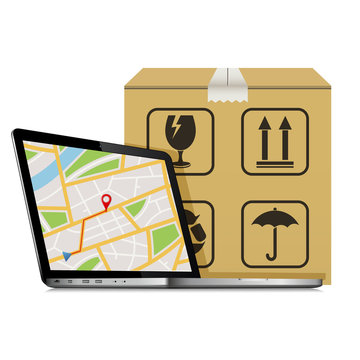 Shipping parcel GPS tracking order design. Laptop with GPS map on screen and Cardboard box with packaging symbols.
