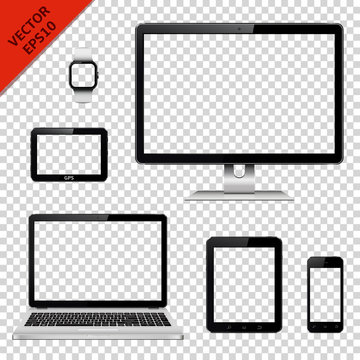 Various modern electronic devices with transparent screen isolated on transparent background