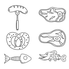 Pub food and beer snacks icon. Steak, pike fish, sausage on a fork, pretzel, fish bones. Label design. Vector isolated illustration.