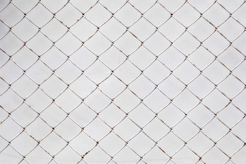 Close-up white wall covered with mellaic grating. Texture cage metal net  on  isolate on white background with clipping path