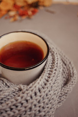 orange and yellow autumn leaves, warm scarf, cup of tea on gray background, top view, with copy space