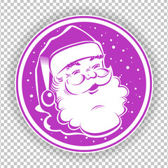 Christmas violet round sign, stamp with silhouette of Santa Claus face and snowflakes.