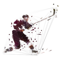 Fototapeta premium Ice hockey player shooting puck, low polygona isolatedl vector illustration. One timer slap shot. Active people, winter team sport