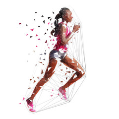 Running woman, low polygonal isolated vector illustration. African american marathon runner, side view. Run, active people