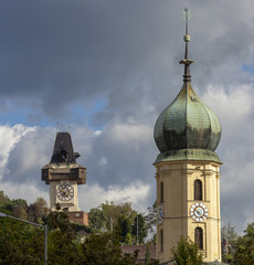 church franziskanerkirche and clocktower uhrturm in the city of graz, styria,austria
