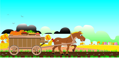 Horse drags a cart with an autumn harvest. Vector illustration.
