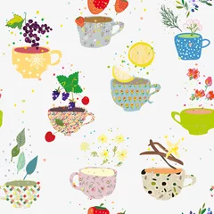 Wallpaper murals Tea Tea cups seamless pattern with many sorts, retro style. Vector graphic illustration
