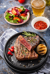Steak beef. Beef steak medium with red pepper, aromatic herbs and fried onion