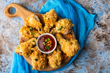 Chicken wings in breading. Deep fried chicken wing. American food. Top view