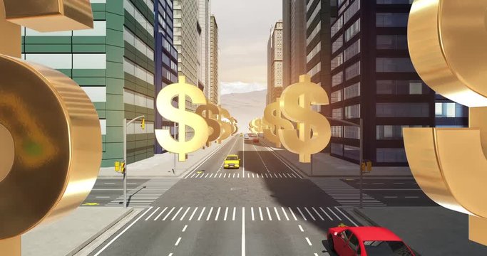 US Dollar Sign In The City - Business Related Aerial 3D City Flight Animation