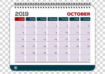 October 2019. Calendar planner design template. Week starts on Sunday. 