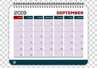 September 2019. Calendar planner design template. Week starts on Sunday. 