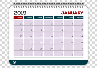 January 2019. Calendar planner design template. Week starts on Sunday.